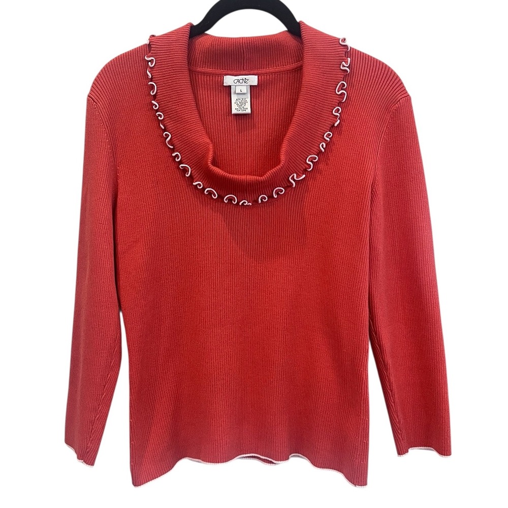Cache Orange Silk Blend‎ Ribbed Cowl Neck Sweater White Trim Embroidery Large